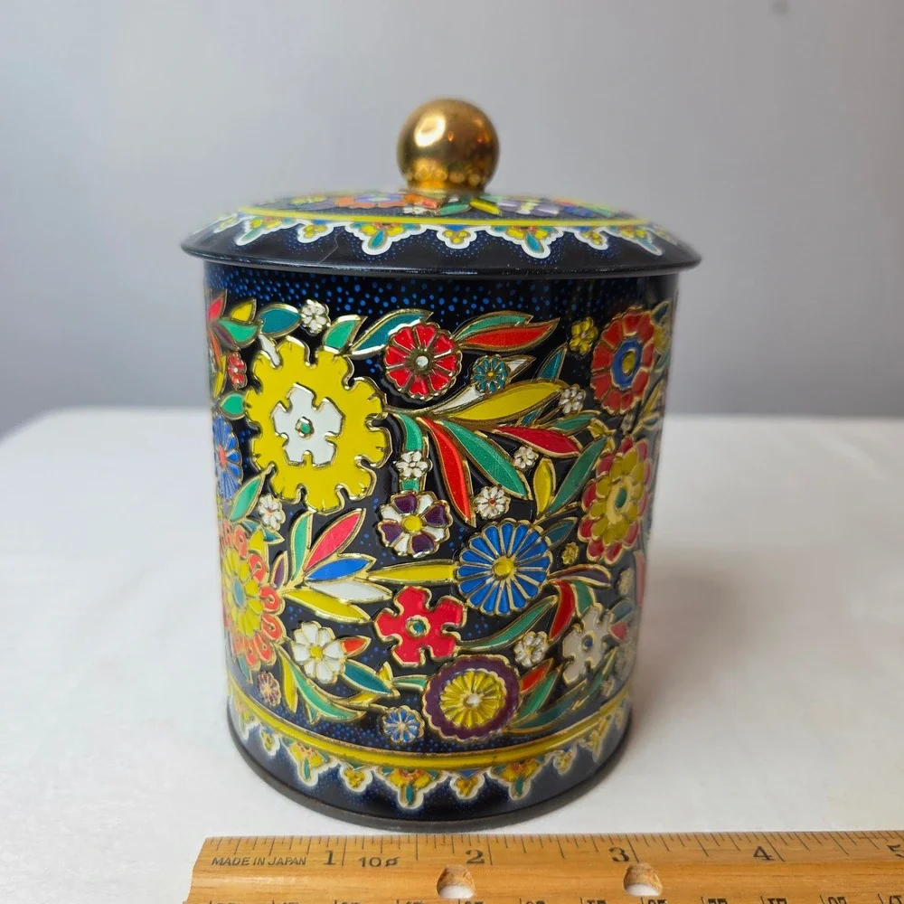 Vtg Daher Floral Metal Tin Canister 11101 England Black Multi Color Tea Biscuit